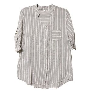 Womens Office Professional Striped Pocket Roll Tab Short Sleeve Button Up Top XL